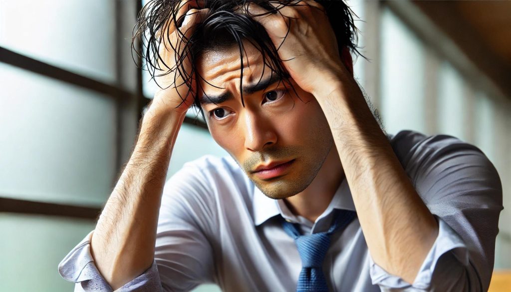 汗で髪がべたついている30代男性